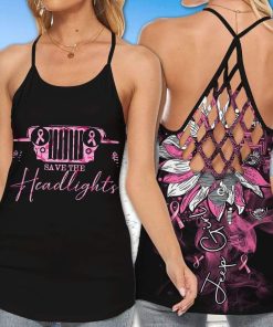 Breast Cancer Jeep Girl Save The Headlights Pink Black Flower Criss Cross Tank Top – Legging 3d