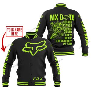MX DAD - PERSONALISED GIFTS FOR CHILDREN & ADULTS - FOX RACING - NEON BLACK - BASEBALL JACKET