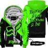 TOO FAST TO LIVE TOO YOUNG TO DIE – 3D ALL OVER PRINTED – FOX RACING GIRL – GREEN - FLEECE ZIP HOODIE