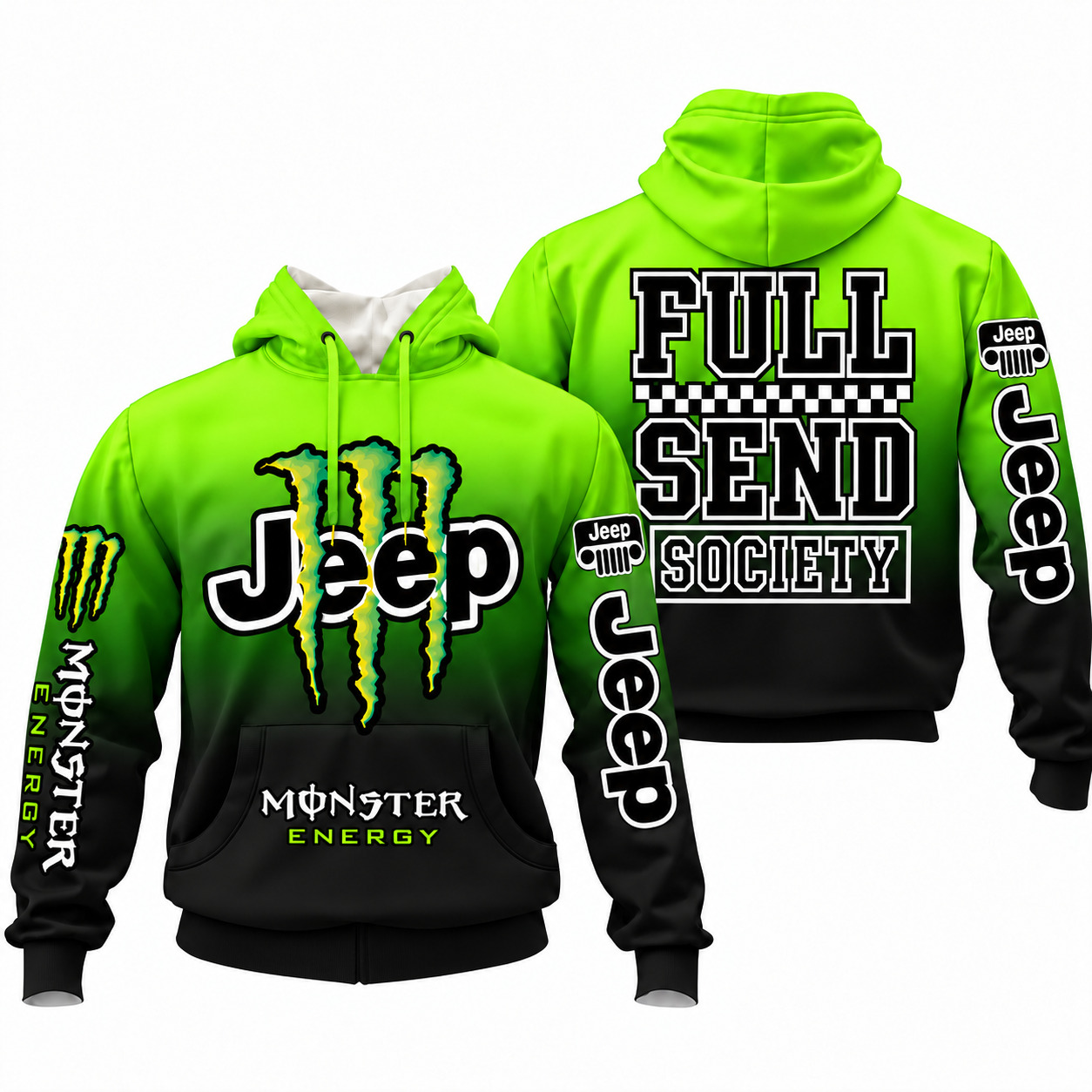 Jeep x Monster Energy Full Send Society Hoodie – Neon Lime Black Gradient