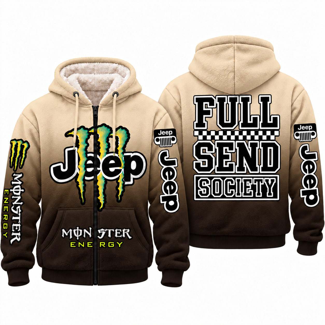 Jeep x Monster Energy Full Send Society Fleece Zip Hoodie – Sand Espresso Gradient