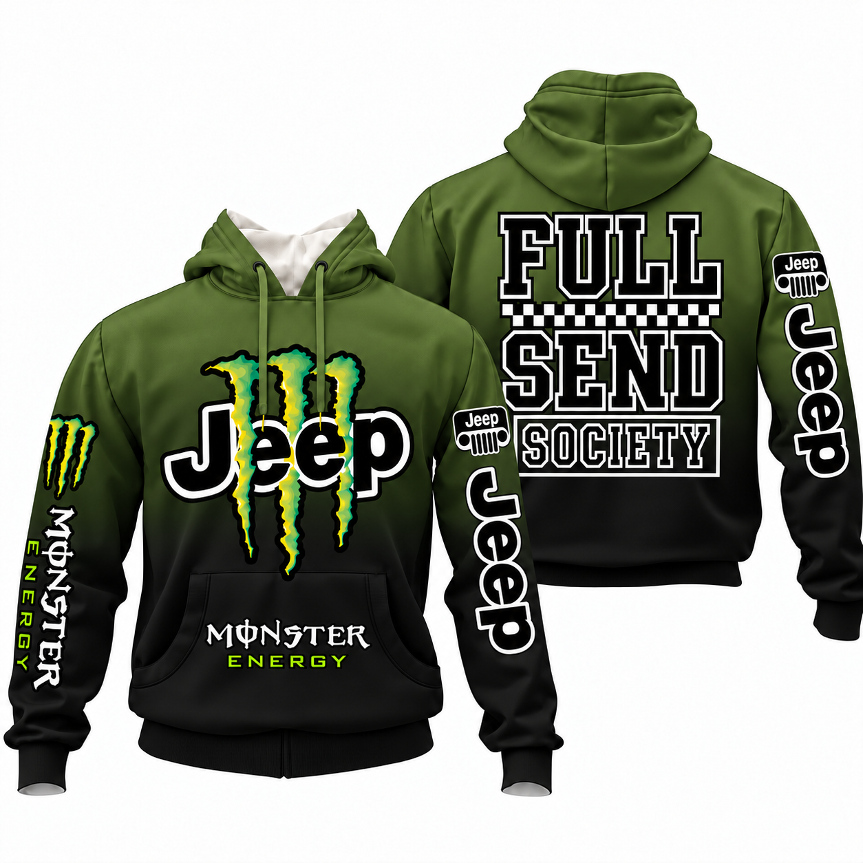 Jeep x Monster Energy Full Send Society Hoodie – Jeep Olive Black Gradient