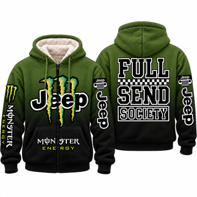 Jeep x Monster Energy Full Send Society Fleece Zip Hoodie – Jeep Olive Black Gradient
